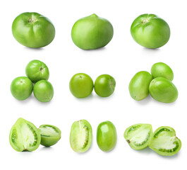 Set of fresh green tomatoes on white background