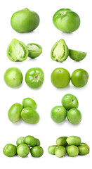 Set of fresh green tomatoes on white background