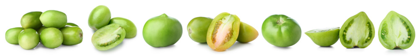 Set of fresh green tomatoes on white background