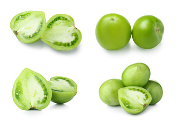 Set of fresh green tomatoes on white background