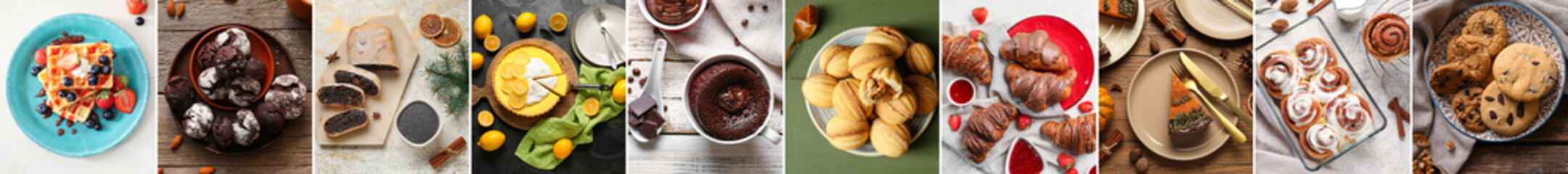 Set of delicious pastries, top view