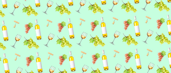 Many glasses and bottles of white wine with grapes and corkscrews on turquoise background. Pattern for design