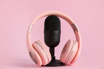 Modern microphone and headphones on pink background