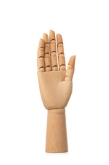 Wooden raised hand on white background