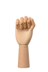 Wooden hand with clenched fist on white background