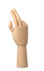 Wooden raised hand on white background