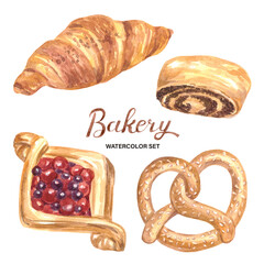 Watercolor bakery set. Colored croissant, bagel, poppy seed bun, denish with berries.