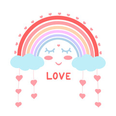 Rainbow and love, hearts. Vector Illustration for printing, backgrounds, covers, packaging, greeting cards, posters, stickers, textile and seasonal design. Isolated on white background