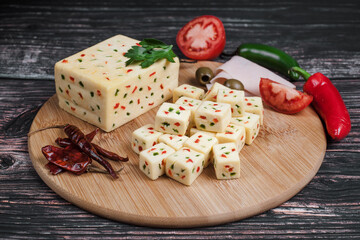 Mexican Chihuahua cheese with jalapeño or mennonite spicy cheese from Mexico Latin America	