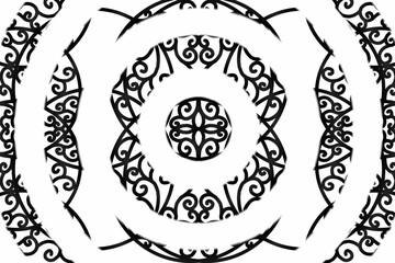 Fototapeta premium seamless luxurious Black and white caleidoscope gradient flower and leaf line art pattern of indonesian culture traditional tenun batik ethnic dayak ornament for wallpaper ads background 