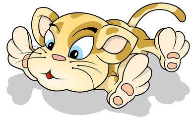 Tabby Lying Kitty on the Ground - Colored Cartoon Illustration Isolated on White Background, Vector