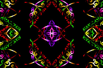 seamless luxurious purple red green caleidoscope gradient flower and leaf line art pattern of indonesian culture traditional tenun batik ethnic dayak ornament for wallpaper ads background 