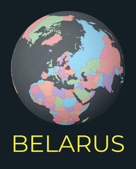 World map centered to Belarus. Red country highlighted. Satellite world view centered to country with name. Vector Illustration.