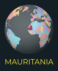 World map centered to Mauritania. Red country highlighted. Satellite world view centered to country with name. Vector Illustration.