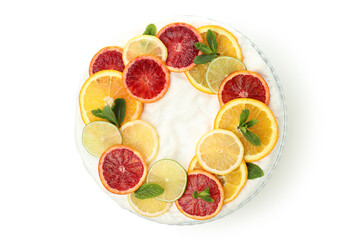 Meringue pie with citrus isolated on white background