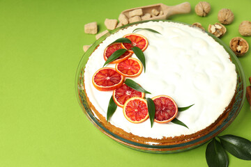 Concept of tasty dessert with meringue pie with citrus, space for text