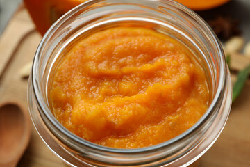 Concept of tasty food, pumpkin jam, close up