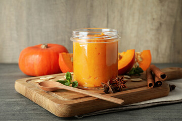 Concept of tasty food, pumpkin jam, close up