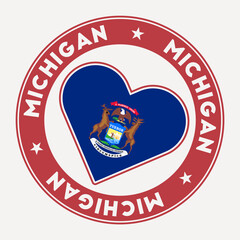Michigan heart flag badge. From Michigan with love logo. Support the US state flag stamp. Vector illustration.