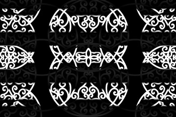 seamless luxurious Black and white caleidoscope gradient flower and leaf line art pattern of indonesian culture traditional tenun batik ethnic dayak ornament for wallpaper ads background 