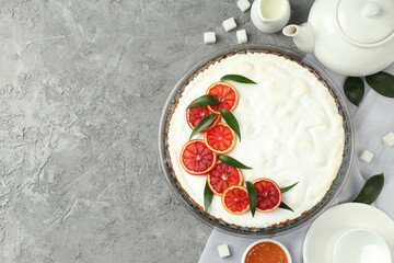 Concept of tasty dessert with meringue pie with citrus, space for text