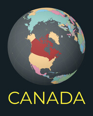 World map centered to Canada. Red country highlighted. Satellite world view centered to country with name. Vector Illustration.
