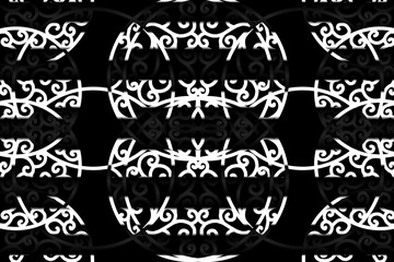 seamless luxurious Black and white caleidoscope gradient flower and leaf line art pattern of indonesian culture traditional tenun batik ethnic dayak ornament for wallpaper ads background 