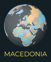 World map centered to Macedonia. Red country highlighted. Satellite world view centered to country with name. Vector Illustration.