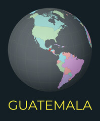 World map centered to Guatemala. Red country highlighted. Satellite world view centered to country with name. Vector Illustration.