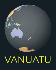 World map centered to Vanuatu. Red country highlighted. Satellite world view centered to country with name. Vector Illustration. - obrazy, fototapety, plakaty