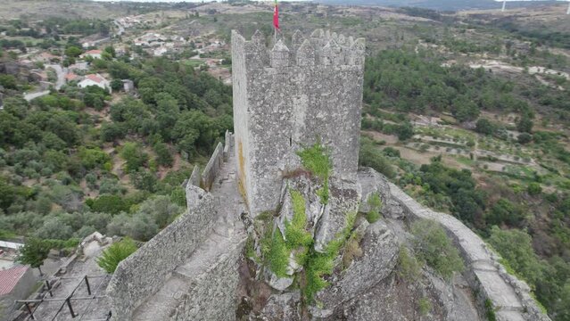 Aerial orbit around main keep of Sortelha Fortress, Portugal