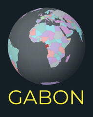World map centered to Gabon. Red country highlighted. Satellite world view centered to country with name. Vector Illustration.