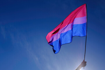 Bisexual flag fluttering in the wind over a blue sky.
 - obrazy, fototapety, plakaty