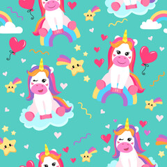 Obraz na płótnie Canvas colorful seamless patterns with unicorns in cartoon style for kids. vector illustration