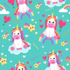 Fotobehang colorful seamless patterns with unicorns in cartoon style for kids. vector illustration © Екатерина Столяренко