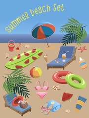 Fototapeta na wymiar Vector summer beach set. Various items for seaside vacation, all objects are isolated and editable