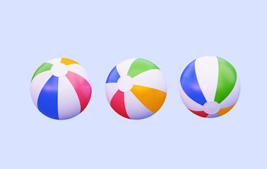 Simple inflatable colored beach ball. 3d rendering. Isolated on a blue background in different angles. For swimming and relaxing on the beach.