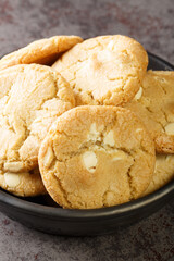 Shortbread cookies with macadamia nuts and white chocolate close-up. Vertical