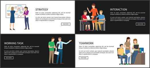 Strategy and interaction, teamwork working on task of business people, internet sites set with information, buttons headlines vector illustration