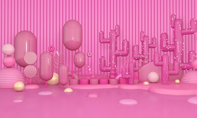 Tree cartoon with Wall Background. 3D illustration, 3D rendering	
