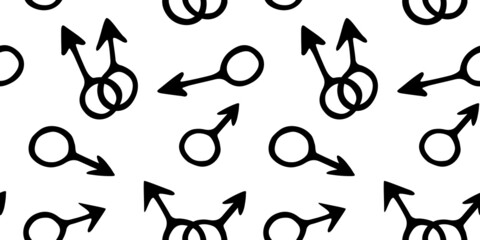 Vector seamless pattern of symbols of mars, male gender icons in doodle style. Man love combinations. Texture of theme of LGBTQ, gay love, pride, homosexual