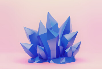 Abstract geometric crystals. Blue gemstone on pink background