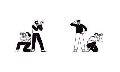 The concept of searching for opportunities, solutions, new business ideas. People looking to the future, choosing the direction of development. Characters looking through spyglasses.