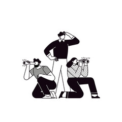 The concept of searching for opportunities, solutions, new business ideas. People looking to the future, choosing the direction of development. Characters looking through spyglasses.