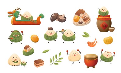 Chinese festivals: Dragon Boat Festival cute and playful zongzi cartoon characters, bamboo leaf stuffing mushrooms, shrimp, chestnuts, pork, and wine drum elements set