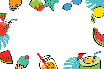 Summer frame objects elements with space for text. Hand drawn style. Use for labels, stickers, badges, poster, flyer, banner, illustration design.