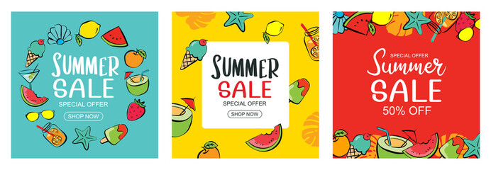 Summer sale banner cover template background. Summer discount special offer in hand drawn style. - obrazy, fototapety, plakaty