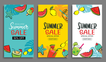 Summer sale banner cover template background. Summer discount special offer in hand drawn style.