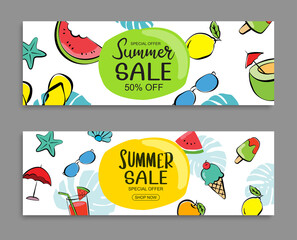 Summer sale banner cover template background. Summer discount special offer in hand drawn style.