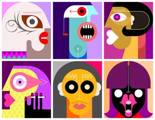 Gordijnen Zes portretten moderne kunst gelaagde vectorillustratie. Samenstelling van zes verschillende abstracte beelden van menselijk gezicht. ©  danjazzia